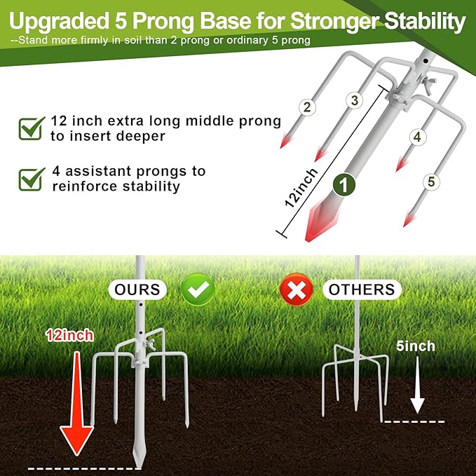 Hummingbird Feeder Stand Pole -30 inch Shepherds Hooks for Outdoor Garden Decor, 5 Prong Bird Feeder Pole for Hanging Birdfeeders,Plant,String Light - Heavy Duty Wind Chime Stand,Shepards Hook-White-VerdiqueGarden