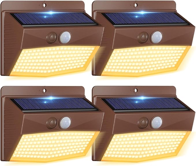 [4 Packs] Solar Outdoor Lights Motion Sensor Solar Security Lights Waterproof with 3 Lighting Modes Solar Powered Wall Lights Outside for Garden Fence Yard,Brown Warm-VerdiqueGarden