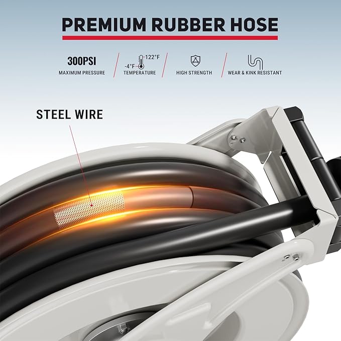 Fuel Hose Reel, 3/4" x 33FT Retractable Hose with Refueling Nozzle, 300 PSI Heavy-duty Steel Construction, Diesel Fuel Kerosene Reel Used for Aircraft Ship Vehicle Tanker Truck-VerdiqueGarden