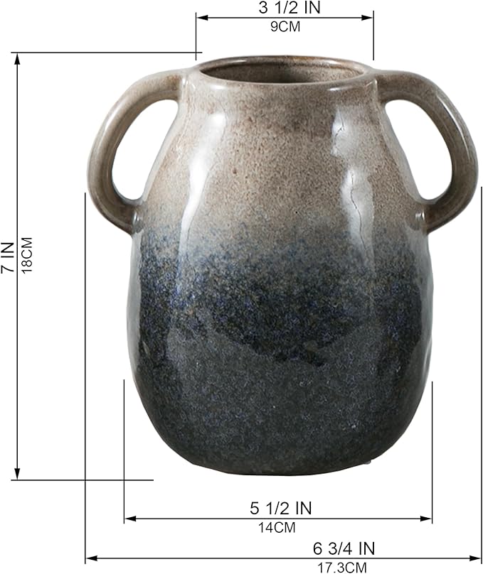 Brown Gradient Ceramic Vase with 2 Handles, Modern Farmhouse Decor, Rustic Terracotta Pottery, Decorative Flower Vases, Clay Small Vase, Centerpiece for Dining Table - 7 Inch Tall-VerdiqueGarden