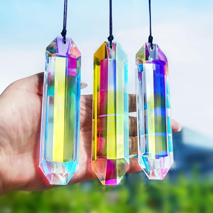 HDCRYSTALGIFTS 3 Pack 5" Large Crystal Sun Catcher Prisms for Windows, AB Colored Suncatcher Crystals Window Indoor Hanging Rainbow Maker Prisms for Home Garden Decor-VerdiqueGarden
