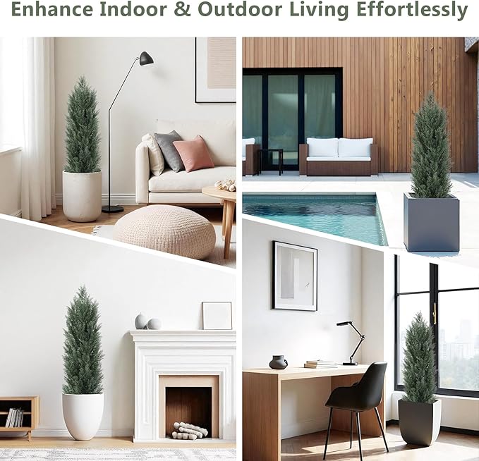 THE BLOOM TIMES 4ft Topiary Trees Artificial Outdoor 2 Pack – UV Resistant Faux Cedar Pine Cypress Bushes and Shrubs, Fake Potted Plants for Front Porch Outside Planter Patio Decor, Set of 2 (4 Foot)-VerdiqueGarden