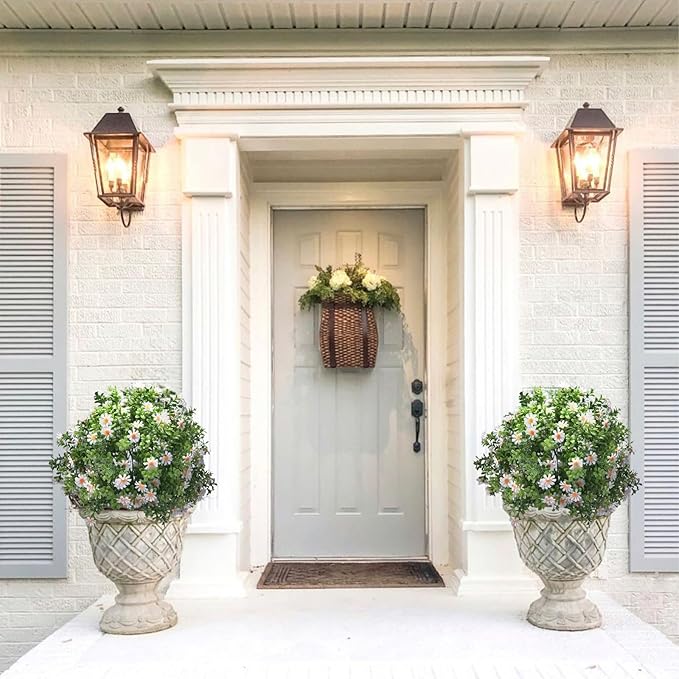 23.6" Artificial Boxwood Topiary Ball Trees with White Flowers, Set of 2 UV Resistant No Fade Outdoor Faux Plants with Ground Spike, Fake Shrubs for Garden, Patio, Porch, Yard, Indoor Decor-VerdiqueGarden