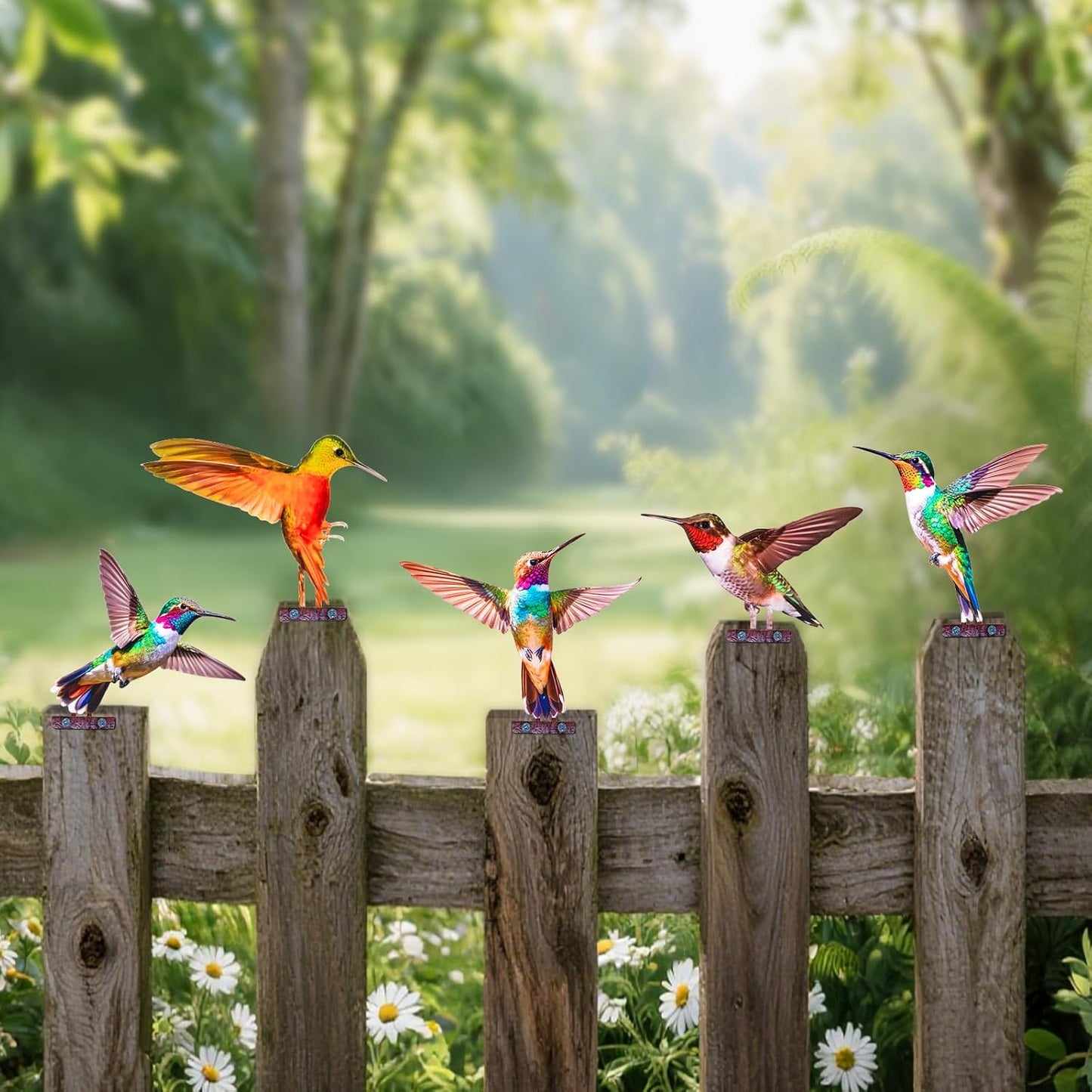 HUYIENO 5PCS Vibrant Metal Bird Decorations Colorful 2D Garden Fence Ornaments for Outdoor Patio & Bird Lovers Hummingbird-VerdiqueGarden