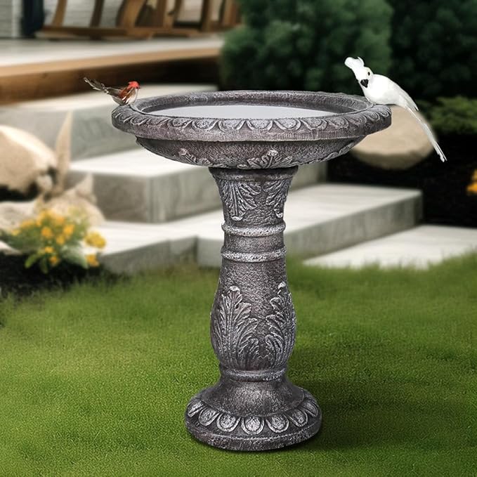 SKYFIRE 24.4" H Cement Bird Bath for Garden- Fibre Reinforced Concrete Bird Baths for Outdoors, Large Size Vintage Carved Pedestal Birdbath for Patio, Yard, Lawn -20”Dia. X 24.4”H Bird Fountain-VerdiqueGarden