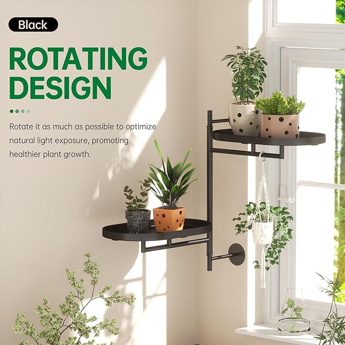 Rotating Window Plant Shelves for Multiple Plants Indoors,2-tier Metal Corner Black Plant Stand Holder Floating Plant Shelf for Wall，Windows Sill Gifts for Plant Lovers to Enhance Home Decor-VerdiqueGarden