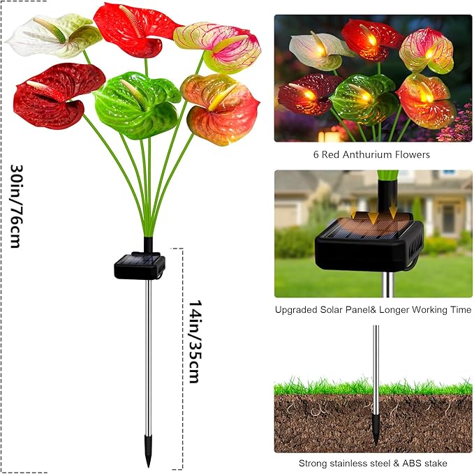 Solar Lights Outdoor,4 Packs Solar Garden Flower Lights with Anthurium Plant Lights,Garden Birthday Gifts for Women,Waterproof Solar Stakes Lights for Outside Yard Patio Lawn Decoration-VerdiqueGarden