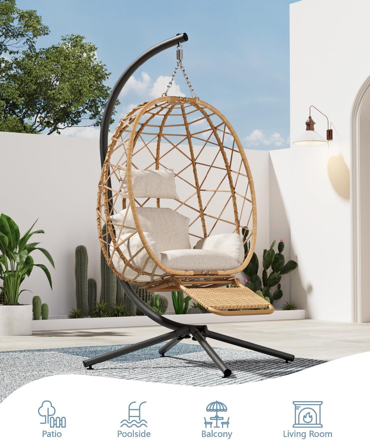 SWITTE Hanging Egg Chair with Stand, Outdoor Swing Egg Chair with Footrest, Patio Hammock Chair with Cushion for Garden Backyard-Cream-VerdiqueGarden