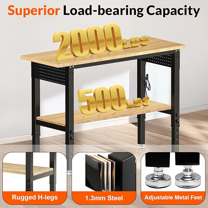 48“ Adjustable Height Workbench Work Bench for Garage Work Table with Under Table Shelf Heavy Duty Rubber Wood Top for Shop Woodworking, Office, Home, Commercial-VerdiqueGarden