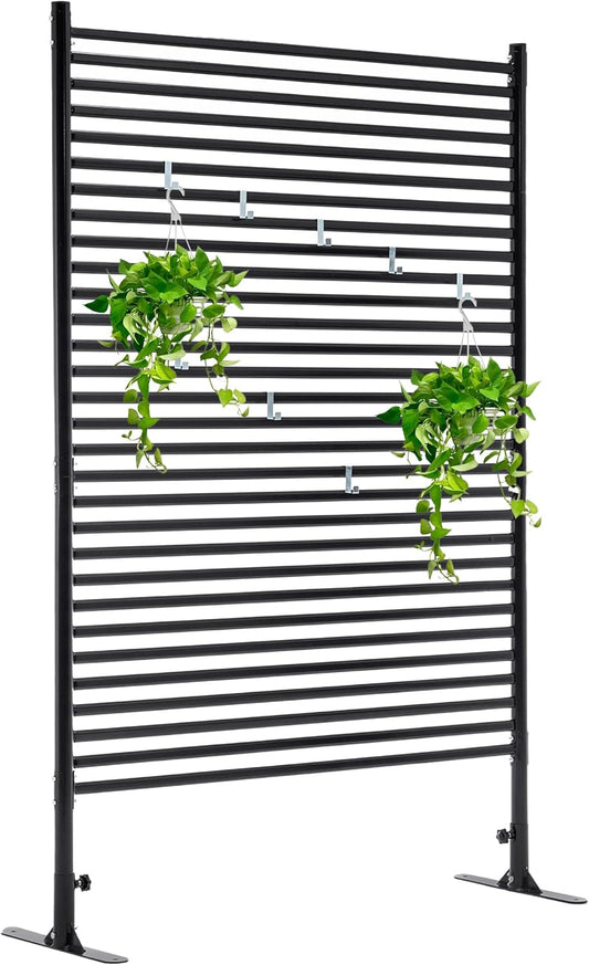 Metal Outdoor Privacy Screen with Stand, 3.9 ft W x 6 ft H Slatted Privacy Screens and Panels, Decorative Privacy Screen Fence Panels Freestanding for Outside Patio Garden Backyard, Black, 1 PC-VerdiqueGarden