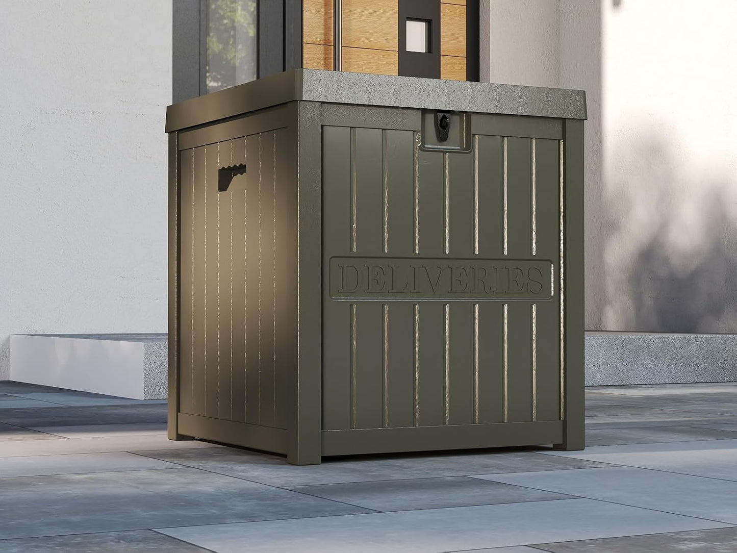 51 Gallon Resin Package Delivery Box for Outside, Lockable Secure Bin for Front Porch, Large Deck Boxes Outdoor Waterproof, Driver Snack Box, Olive-VerdiqueGarden