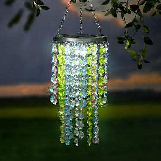 Hanging Solar Lantern Outdoor, 2 Tiers 21” Solar Multicolor Acrylic Beaded Chandelier with Cool White LED S Hooks for Garden Yard Patio Gazebo Outside Decor-VerdiqueGarden