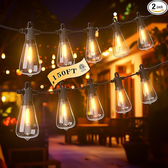 FOOMAN LED Outdoor String Lights, 150FT Outside Waterproof Patio Lights with 72+3 Shatterproof ST38 Edison Bulbs, 2700K Warm White Hanging Light, Dimmable Light for Back Yard Porch Party Gezebo-VerdiqueGarden