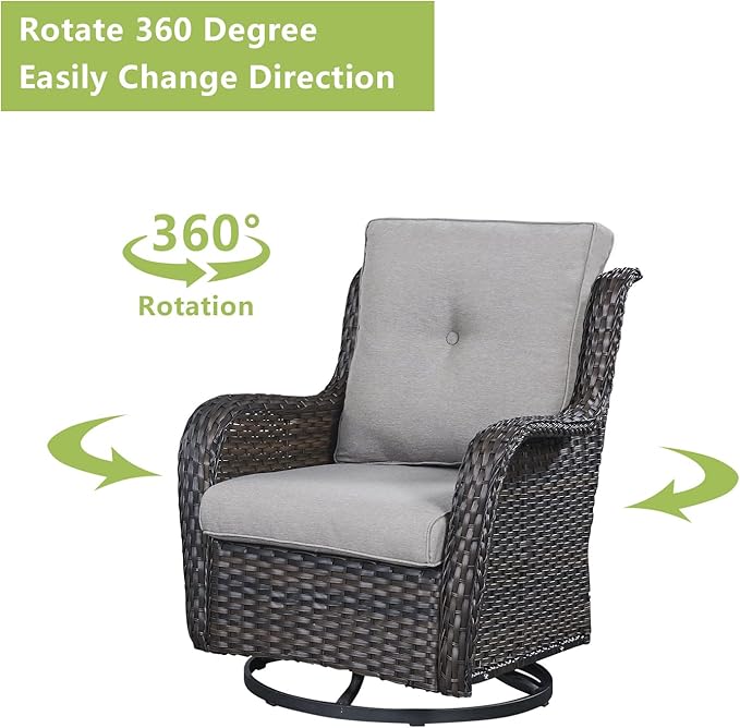 Outdoor Wicker Patio Furniture Set - 5 Piece Rattan Patio Conversation Set with 2 Rocking Swivel Chairs,2 Ottomans and 1 Sofa for Porch Deck Backyard Garden(Brown/Grey)-VerdiqueGarden