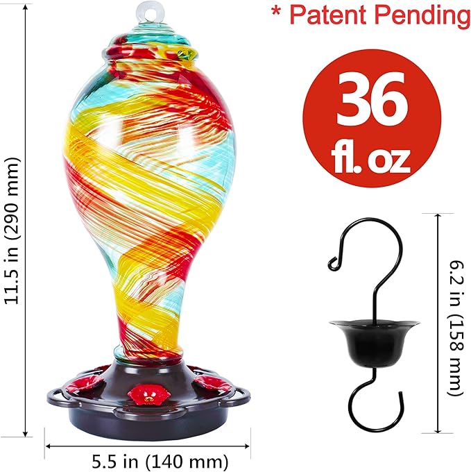 LUJII Hand Blown Glass Hummingbird Feeder for Outdoors Hanging with Ant Moat, 36 fl.oz, Leak Proof & Rustproof, Metal Base with 5 Feeding Ports & 5 Perches, Unique Garden & Backyard Decor (Ribbon)-VerdiqueGarden