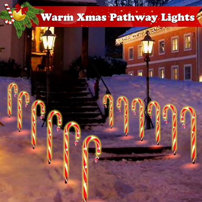 12 Pack Christmas Candy Cane Lights Outdoor Solar Pathway Lights Christmas Decorations Waterproof Driveway Walkway Markers Yard Garden Home Xmas Decor, 2-in-1 Rechargeable Solar Power-VerdiqueGarden
