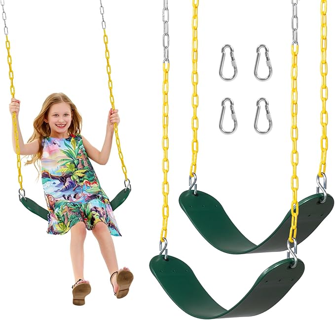 Decorlife 2 Pack Outdoor Swings Seats with 66" Rust-Resistant Heavy Duty Chain, Playground Swing Set Accessories Replacement Anti-Slip Seats, Backyard Swing Support 330lb for Kids or Adults (Green)-VerdiqueGarden