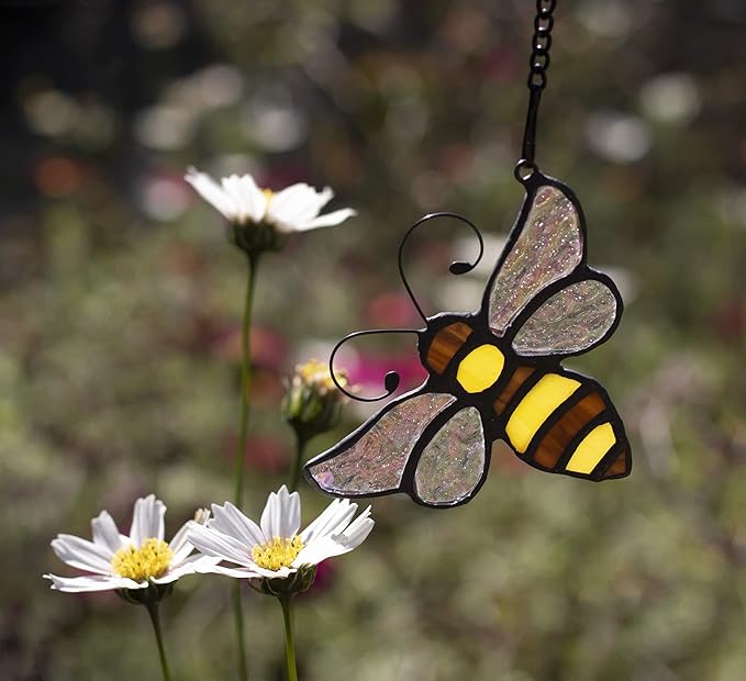 Bumble Bee Ornament Stained Glass Window Hanging Suncatcher Home Decor, Birthday Gifts for Mom Grandma Aunt Sister Bee Lover, Mother's Day Bee Decoration-VerdiqueGarden