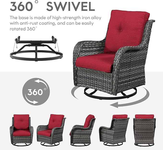 5 Pieces Patio Furniture Sets Wicker Outdoor Furniture, Rattan Patio Swivel Glider Chairs with 2 Ottoman and Glass Side Table-VerdiqueGarden