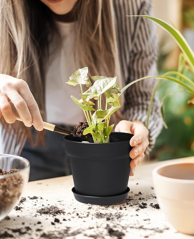 Homenote Pots for Plants, 8 Pcs 7.5 Inch Plastic Planters with Multiple Drainage Holes and Tray - Plant Pots for All Home Garden Flowers Succulents, Matte Black-VerdiqueGarden