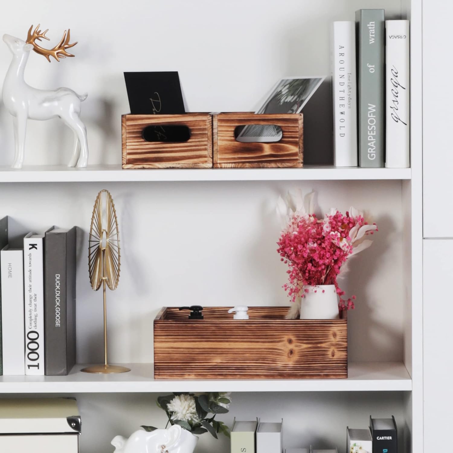 PHOENANCEE Wooden Crate Stackable Decorative Wood Crates set of 3 for Storage Display Rustic Nesting Box Basket Home Decoration Boxes Container Bin with Handles Farmhouse Decor,Solid Pine,L+M+S-VerdiqueGarden