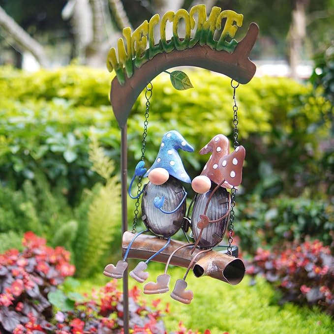 HONGLAND Solar Lights Outdoor Decor, Gnomes Swing Garden Decor, Funny Gifts for Women Mom, Gnomes Outdoor Decorations with Welcome Sign for Front Porch Patio-VerdiqueGarden