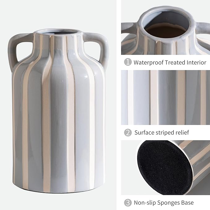 Ceramic Grey and White Checkered Stripes Vase with Handles, Hand-Painted Modern Minimalist Bohemian Floral Vases Home Decor, Cottage Core Decor, Flower Vase for Bouquet Mantle Kitchen Bookshelf 9.1 In-VerdiqueGarden