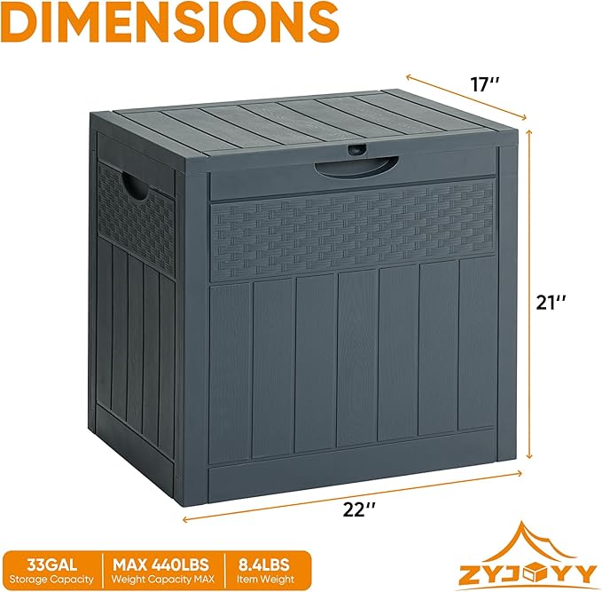 33 Gallon Resin Deck Box, Weatherproof Outdoor Storage Box for Patio, Garden, Pool, and Yard, Lockable Waterproof Bin for Tools, Cushions, and Accessories, Grey-VerdiqueGarden