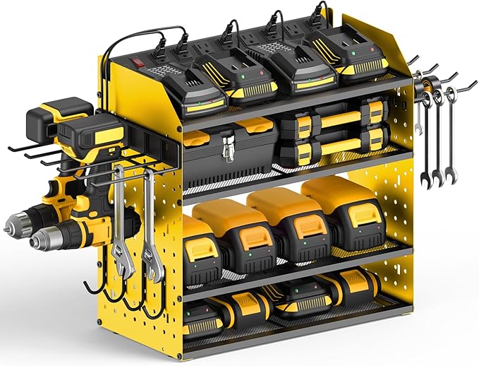 CCCEI Modular Desk Power Tools Organizer with Charging Station, 4 Layer Drills Battery Storage Wall Mount, Garage Shop Organization, Anniversary, Birthday, Gifts for Men, Father, Yellow, 6FT Cord.-VerdiqueGarden