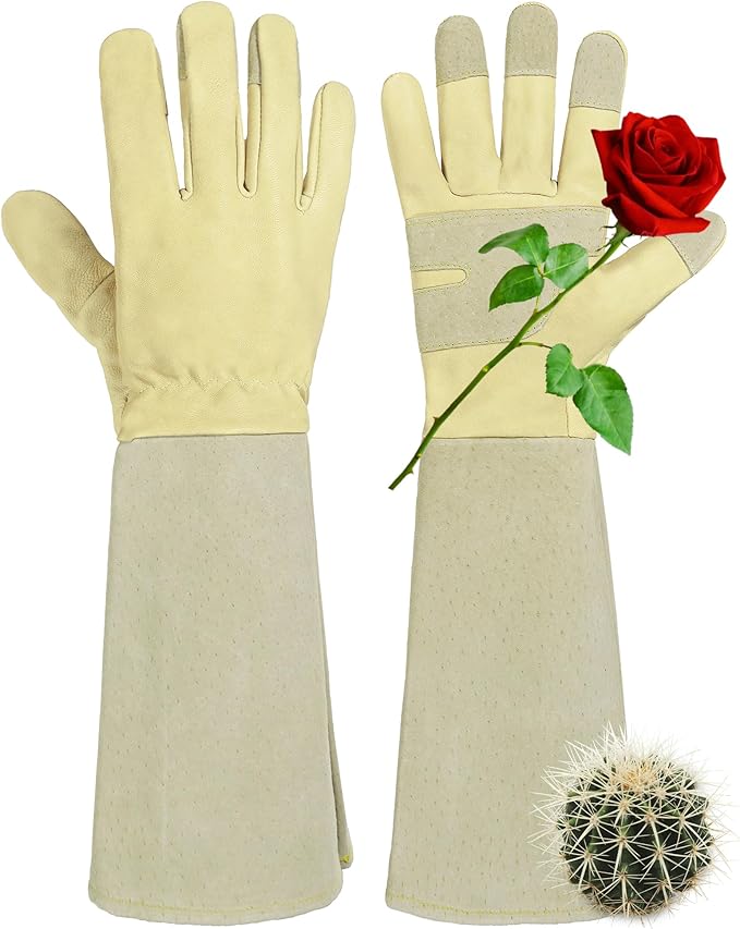 HANDLANDY Rose Pruning Gardening Gloves for Men Women, Thorn Proof Forearm Protection Leather Garden Gloves, Gardening Gifts for Gardeners (Beige- goatskin, Medium (Pack of 1))-VerdiqueGarden