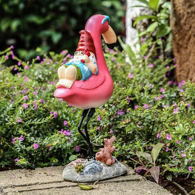 Gnome Garden Statue Funny Gnome Reclining on Flamingo Dwarf Figurines Resin Garden Gnomes Fall Decorations Outdoor for Patio Yard Lawn Porch Housewarming Ornament Gift-VerdiqueGarden