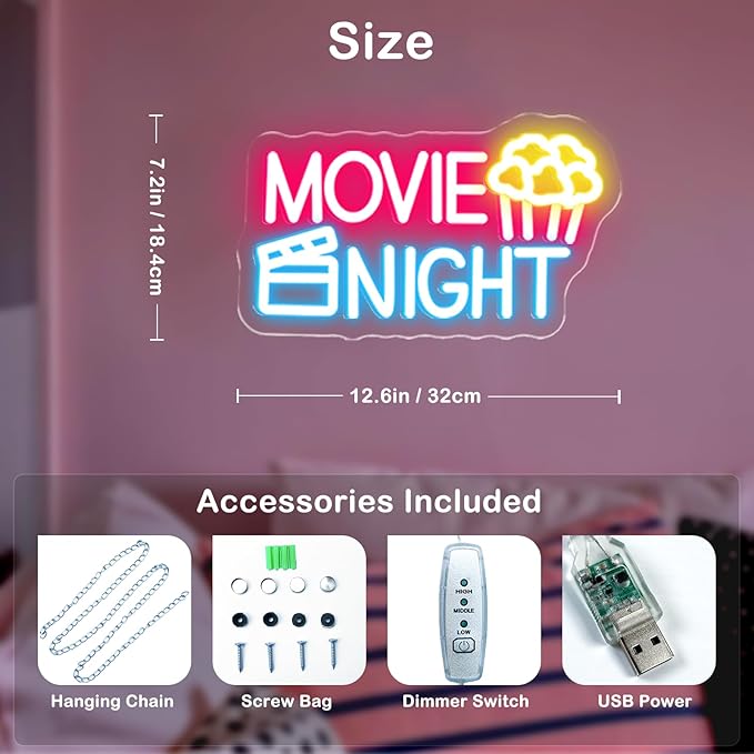 Movie Night Neon Sign With Popcorn Dimmable LED Neon Lights for Wall Decor USB Powered Light Up Signs for Bedroom Living Room Cinema Film Room Man Cave Home Bar Wedding Birthday Party-VerdiqueGarden