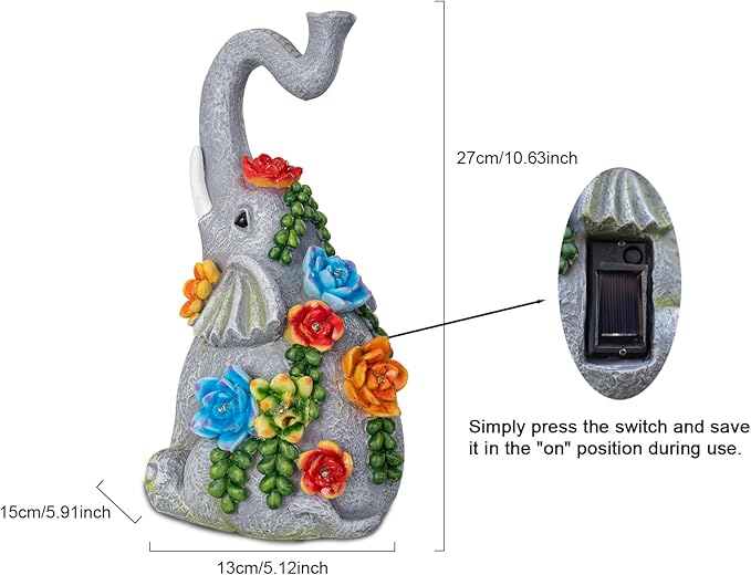 Elephant Garden Statue Solar Lamp with 8 Led Lights Decor Outdoor Resin Waterproof Sculpture Patio Lawn Yard Porch Decorations Housewarming Gifts for Women Mom Grandma-VerdiqueGarden
