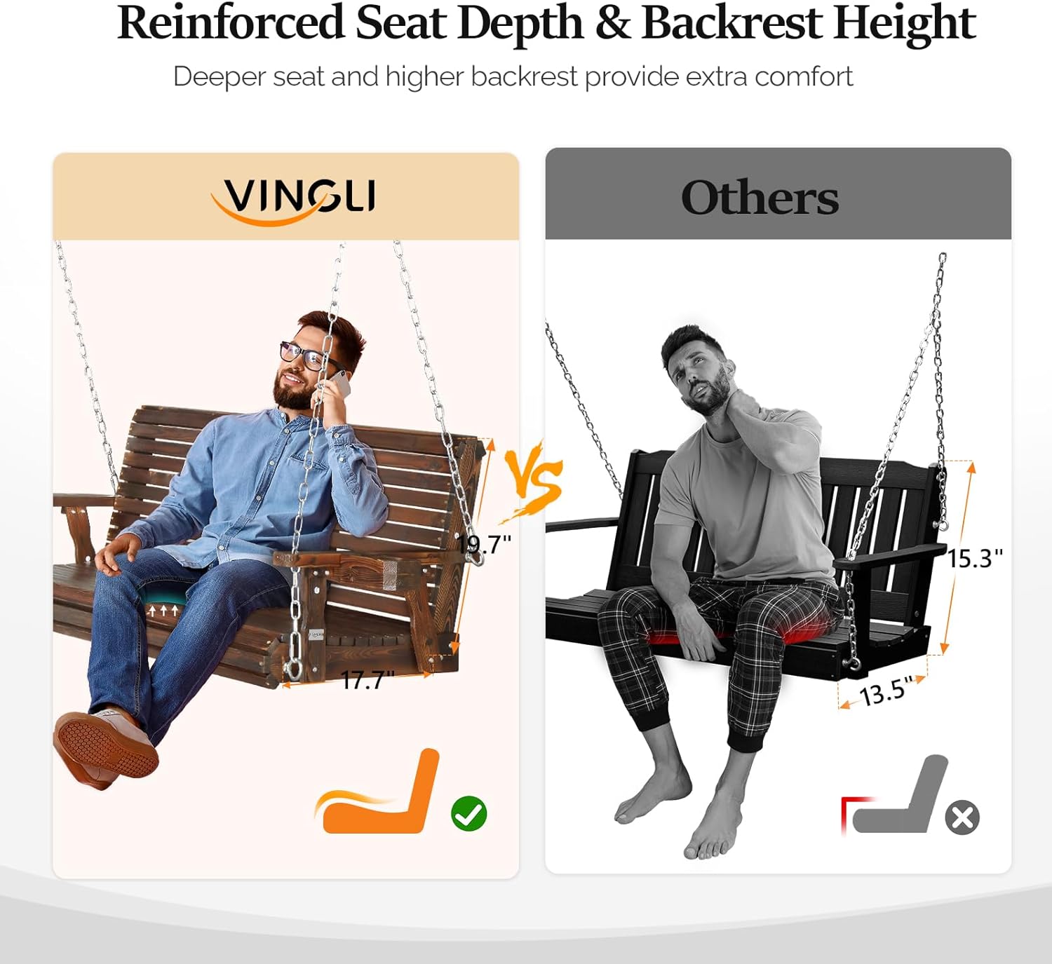 VINGLI XL Size Patio Wooden Porch Swing Outdoor with Cup Holders & Phone Slots, Heavy Duty 880 LBS Hanging Swing Chair Bench with Hanging Chains for Yard, Lawn, Garden (5 FT Pro, Rustic)-VerdiqueGarden