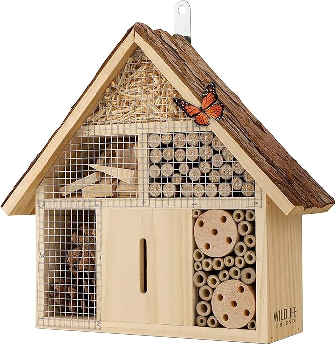 Small Insect Hotel with Bark Roof - Untreated Natural Wood Insect House for Bees, Ladybugs, Lacewings & Butterflies - Nesting Aid for Hanging, Bee Hotel-VerdiqueGarden