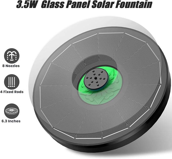 Solar Fountain Full Glass Panel No Battery, 3.5W Solar Bird Bath Fountains with 4 Fixed Rods & 7 Nozzles, Solar Fountain Pump for Bird Bath, Garden, Pond, Pool, Patio (Black Panel)-VerdiqueGarden