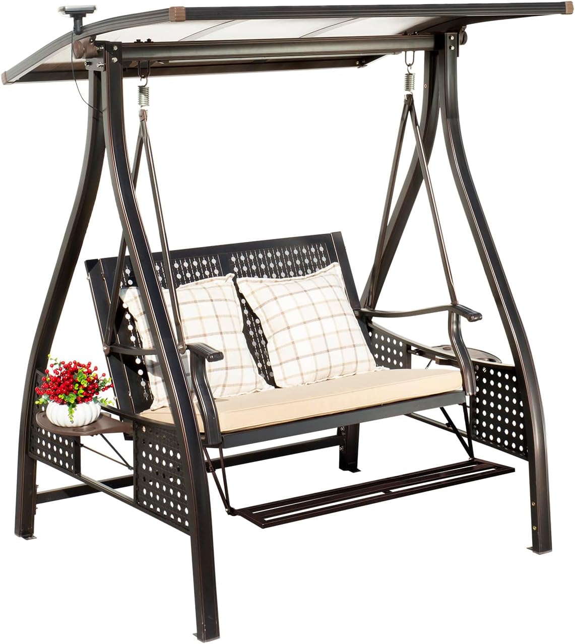 2/3-Seat Outdoor Patio Porch Swing with Adjustable Aluminum Alloy Canopy Solar Patio Swing Chair Bench with Footrest Side Cup Holder for Backyard Lawn (AEBS Red Copper-2 Seat)-VerdiqueGarden