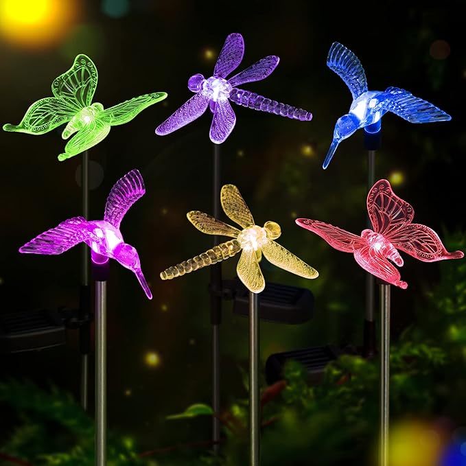 OxyLED Solar Garden Stake Lights 6 Pack Outdoor LED Figurine Lighting Color Changing Waterproof Solar Hummingbird Lights Butterfly Dragonfly for Patio Yard Pathway-VerdiqueGarden