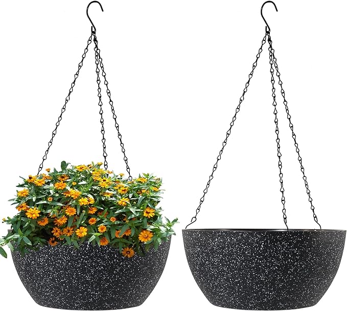 10 inch Hanging Planters for Outdoor Indoor Plants with Drainage Holes and Chain, 2 Pack Round Hanging Flower Pots for Garden Home Porch Decor, Speckled Black-VerdiqueGarden