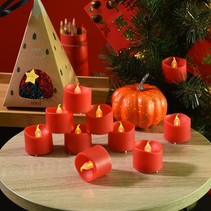 JOSU 24PCS Tea Lights Flameless Candles, Realistic Votive Tealight, Battery Operated Candles with Warm Light for Confession Propose Marriage Wedding Halloween Christmas Home Dinner Party Decor (Red)-VerdiqueGarden