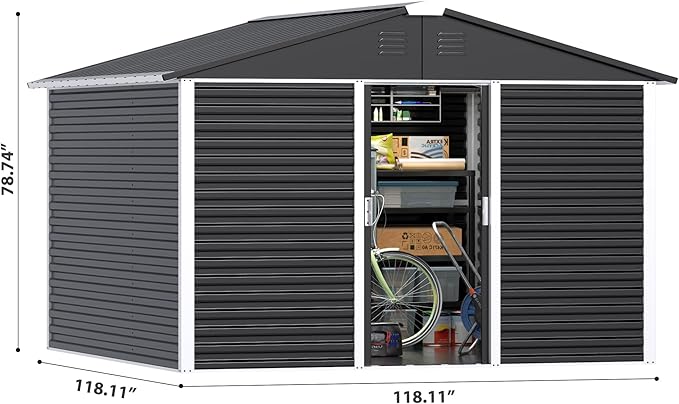 Metal Outdoor Storage Shed 10FT x 10FT, Steel Utility Tool Shed Storage House with Sliding Door, Metal Sheds Outdoor Storage for Backyard Garden Patio Lawn, Black-VerdiqueGarden