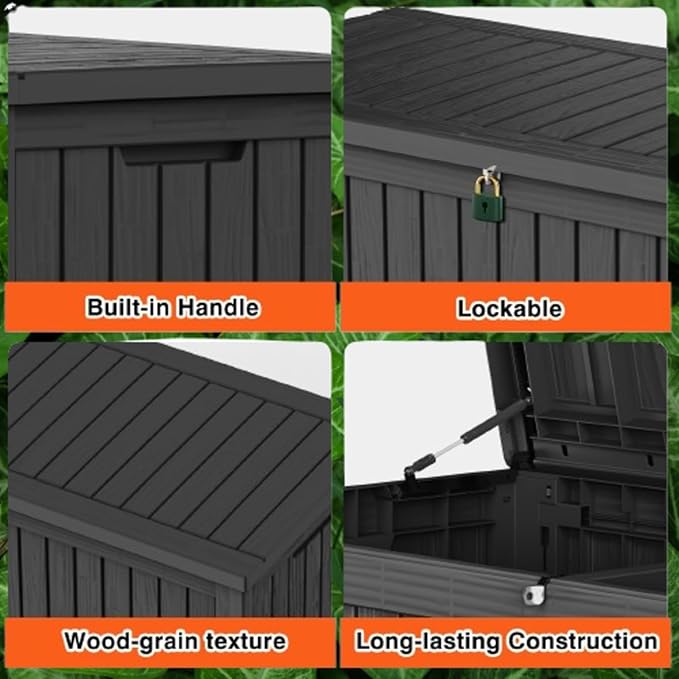 180 Gallon Lockable Resin Deck Box, Waterproof & UV-Resistant Outdoor Storage Box for Outdoor Cushion Storage, Garden Tools & Pool Accessories Storage, Black-VerdiqueGarden