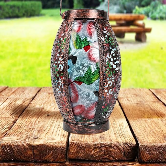 Hummingbird Solar Lanterns Glass & Metal Hanging Lantern Outdoor Waterproof 16" H Tabletop Light with Hollowed-Out Design for Garden Patio Table Decor Mother's Day Gift-VerdiqueGarden
