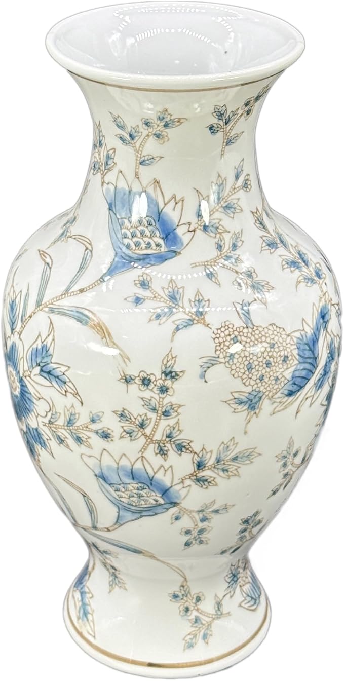 Galt International White & Blue Floral Chinoiserie Ceramic Vase 14" - Hand Painted Antique Style Porcelain Flower Bottle Fishtail Porcelain Chinese Vase for Home Decor Centerpiece-VerdiqueGarden