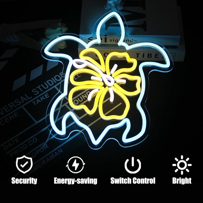 Sea Turtle Hibiscus Neon Signs for Wall Decor Blue Turtle Neon Light Yellow Flower LED Neon Wall Sign Ocean Neon Light Up Sign for Bedroom Living Room Office Decor Sea Turtle Gifts-VerdiqueGarden