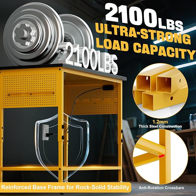 47" Heavy Duty Adjustable Workbench with Power Outlets, Pegboard & Locking Wheels - 2100LB Capacity Garage Work Table, Compatible with DeWalt Battery, Reinforced Steel Frame for Workshop & Home Use-VerdiqueGarden