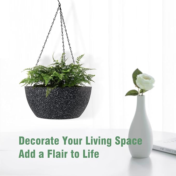 10 inch Hanging Planters for Outdoor Indoor Plants with Drainage Holes and Chain, 2 Pack Round Hanging Flower Pots for Garden Home Porch Decor, Speckled Black-VerdiqueGarden