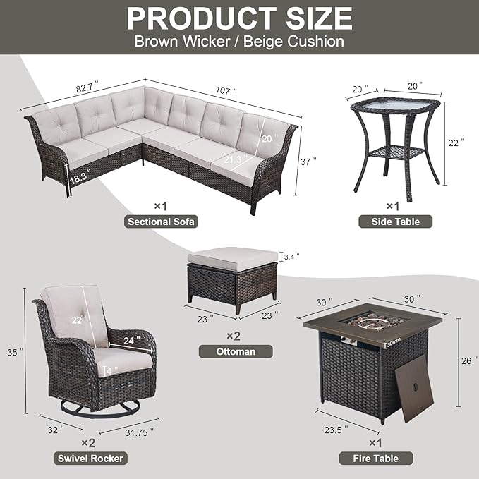 Outdoor Sectional Furniture Sofa Set with Propane Fire Pit Table, Wicker Patio Conversation Set with 2 Swivel Rocker Glider Chairs Beige Cushion Perfect for Backyard Casual Gathering-VerdiqueGarden
