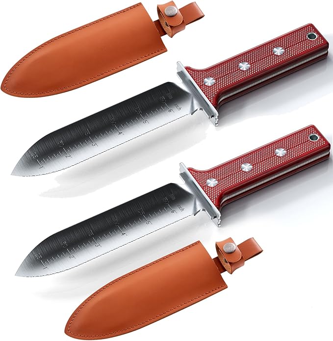 Hori Hori Garden Knife Tool - Stainless Gardening knife,With Sheath Soil Knife,Weeding Knife Yes Garden Digging, for Gardeners 2PACK-VerdiqueGarden