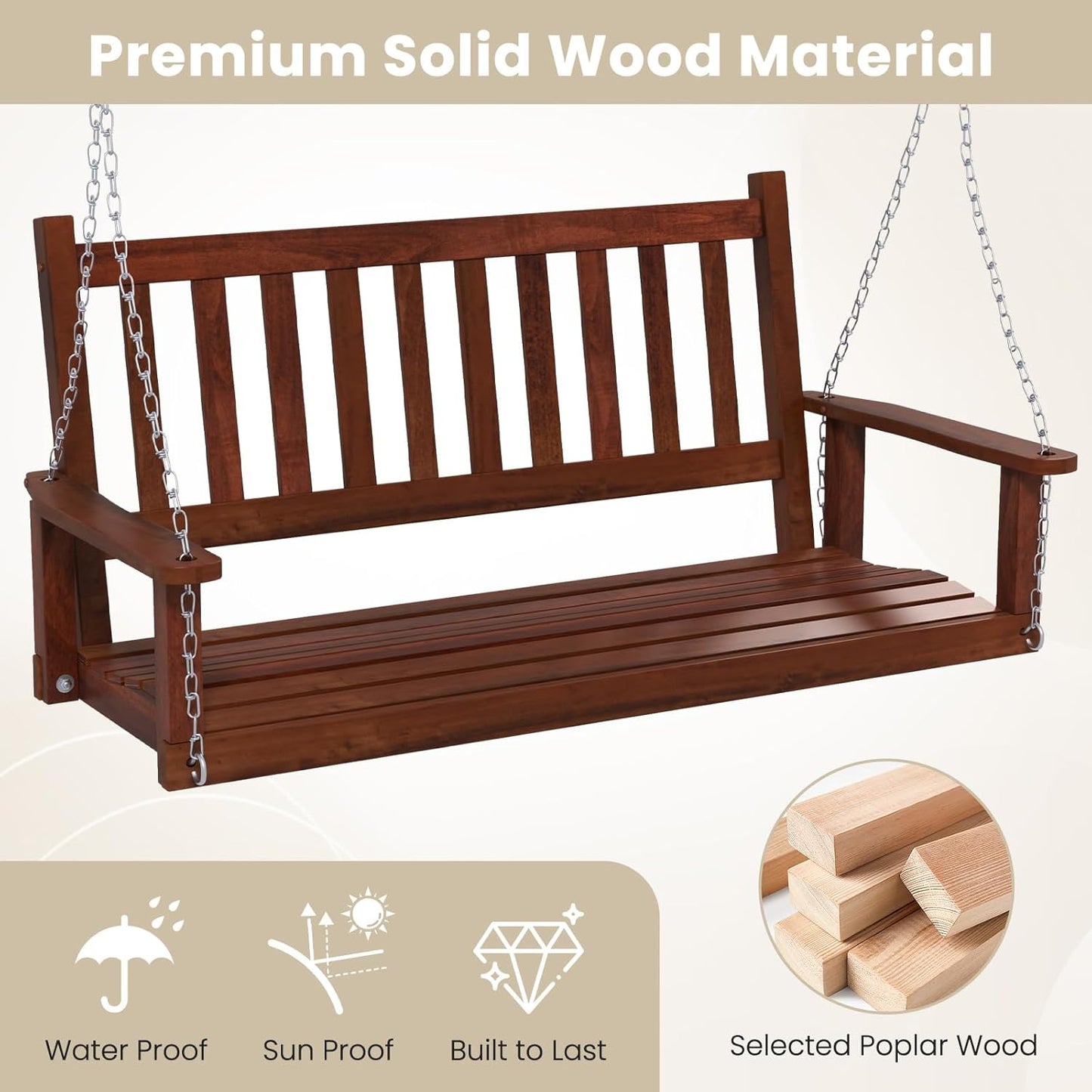 HAPPYGRILL 3-Person Wooden Outdoor Porch Swing, Heavy Duty Patio Hanging Bench Chair with 800 LBS Weight Capacity, 5.6 FT Adjustable Upper Chains, Slatted Back, Swing Bench for Garden, Backyard-VerdiqueGarden